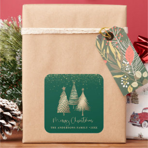 Adesivo Quadrado Árvore de Natal Elegante Dourada com Glitter Neve