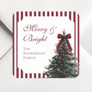 Adesivo Quadrado Árvore de Natal em Aquarela com Laço Burgundy Eleg