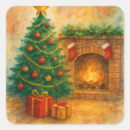 Adesivo Quadrado Árvore de Natal em Aquarela & Lareira Aconchegante