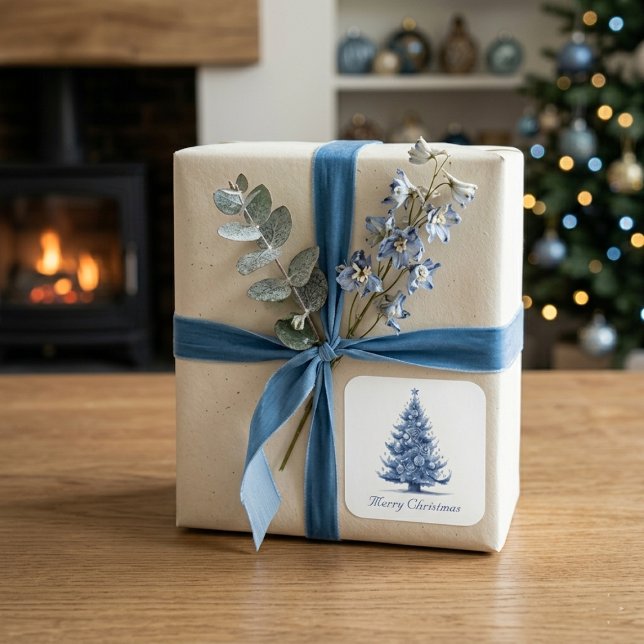 Adesivo Quadrado Árvore de Natal em Azul Delft personalizável (Criador carregado)