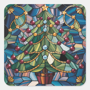Adesivo Quadrado Árvore de Natal em Vidro Colorido Estilo Tiffany