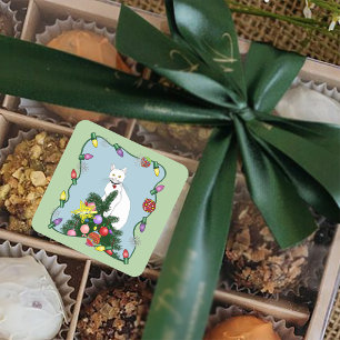 Adesivo Quadrado Árvore de Natal Engraçada e Festiva Gato Branco Ve