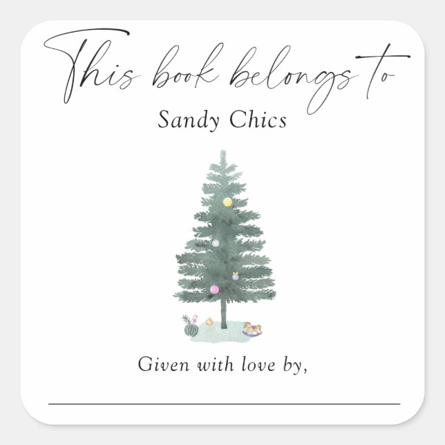 Adesivo Quadrado Árvore de Natal - este livro pertence a (Frente)