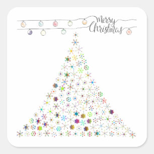 Adesivo Quadrado Árvore de Natal Feliz Floco de Neve