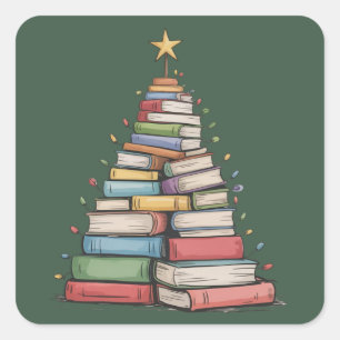 Adesivo Quadrado Árvore de Natal Livro Retro Bibliófilo Biblioteca