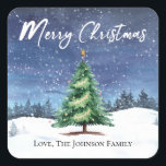 Adesivo Quadrado Árvore de Natal Merry Christmas Gift Tag Sticker<br><div class="desc">Torne seus presentes especiais extra nesta temporada de festas com os nossos "Feliz Natal" palitos de presentes da árvore de Natal. Cada etiqueta apresenta uma aquarela encantadora árvore de Natal em um fundo de inverno nevado que adiciona um toque confortável e festivo a qualquer presente. Esses adesivos de alta qualidade...</div>