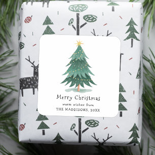 Adesivo Quadrado Árvore de Natal Minimalista Verde Aquarela Moderna