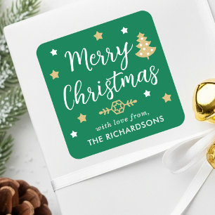 Adesivo Quadrado Árvore de Natal Moderna Nome da Família Pinho Verd