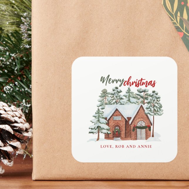 Adesivo Quadrado Árvore de Natal Nórdica Vermelha de Aquarela Verde (Criador carregado)