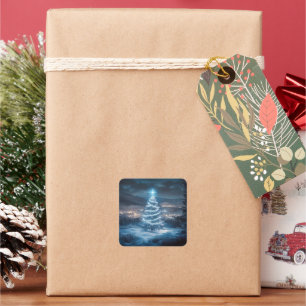 Adesivo Quadrado Árvore de Natal Noturna Brilhante Azul no Inverno