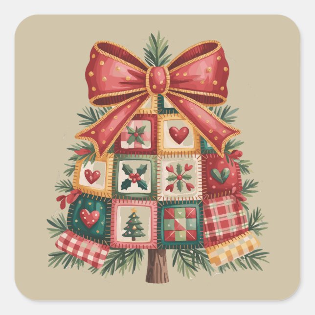Adesivo Quadrado Árvore de Natal Patchwork Coquette Xmas Feriado (Frente)