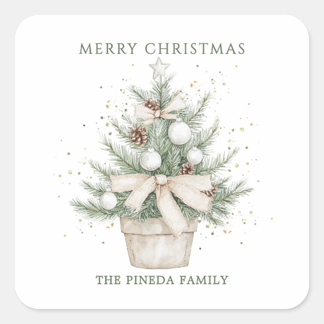 Adesivo Quadrado Árvore de Natal Potente da Aquarela (Frente)