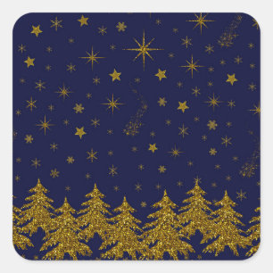 Adesivo Quadrado Árvore de Natal pouco Dourada, estrelas, neve em a