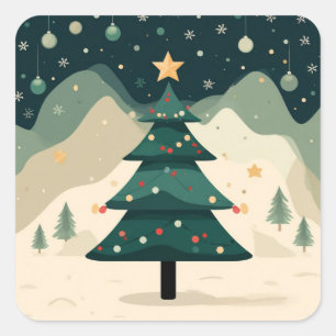 Adesivo Quadrado Árvore de Natal Simples em Paisagem de Montanha Ne