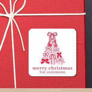 Adesivo Quadrado Árvore de Natal Vermelho Rosa-Rosa-Arco Moderna