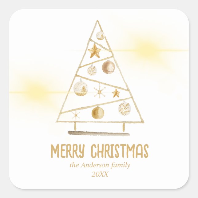 Adesivo Quadrado Árvore de ornamentos Dourada abstrato Feliz Natal (Frente)