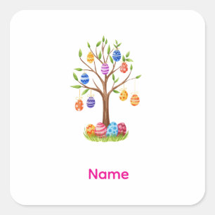Adesivo Quadrado Árvore de Páscoa em Aquarela com Ovos Decorados Pe