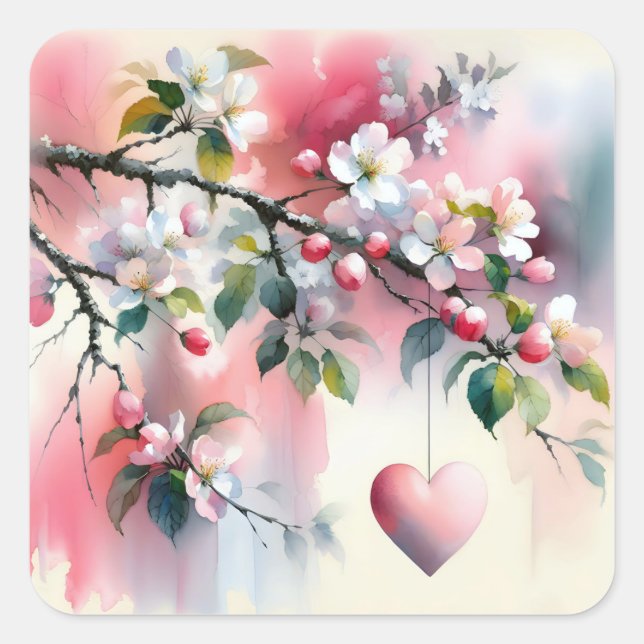 Adesivo Quadrado Árvore de Tórtima Aguarela Com Coração  (Frente)