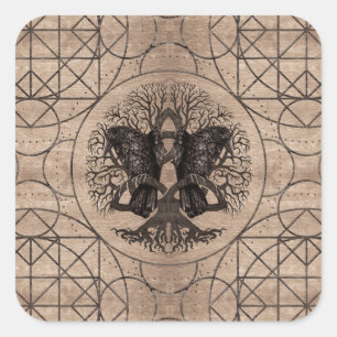 Adesivo Quadrado Árvore de vida - com textura de madeira dos corvo