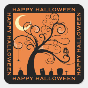 Adesivo Quadrado Árvore e Cemitério Laranja Arte Feliz Halloween