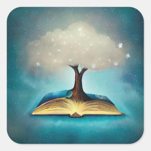 Adesivo Quadrado Árvore em Nuvem e Livro Aberto