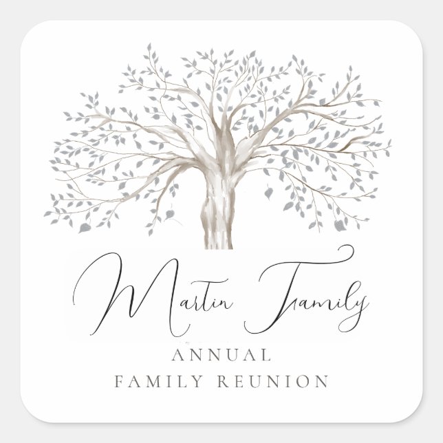 Adesivo Quadrado Árvore Familiar de Aquarela de Reunião (Frente)