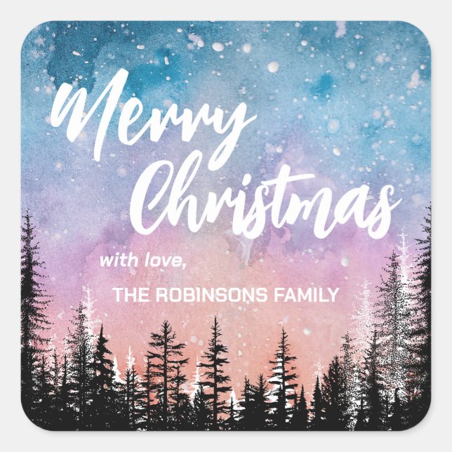 Adesivo Quadrado Árvore Feliz de Natal Floresta de Gradação Noite (Frente)