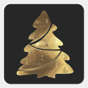 Adesivo Quadrado Árvore Feliz de Natal, Preta e Elegante Dourado