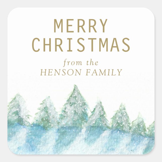 Adesivo Quadrado Árvore Natal Aquarela Floresta Neve Artística (Frente)