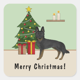 Adesivo Quadrado Árvore Natal Bi-Black German shepherd Com Texto