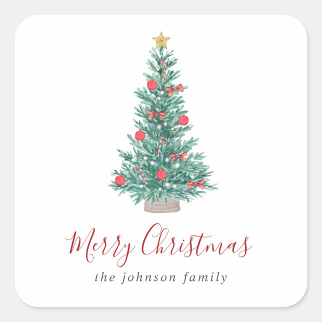 Adesivo Quadrado Árvore Natal Simples, Aquarela Festiva (Frente)