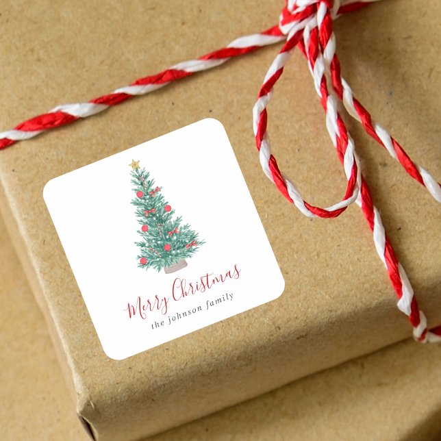 Adesivo Quadrado Árvore Natal Simples, Aquarela Festiva (Criador carregado)