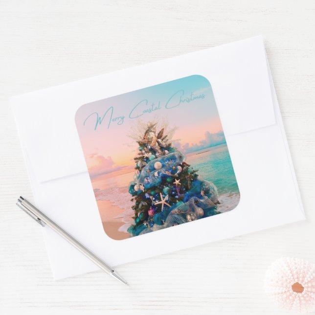 Adesivo Quadrado Árvore tropical de Natal costeiro da felizÁrvore d (Envelope)