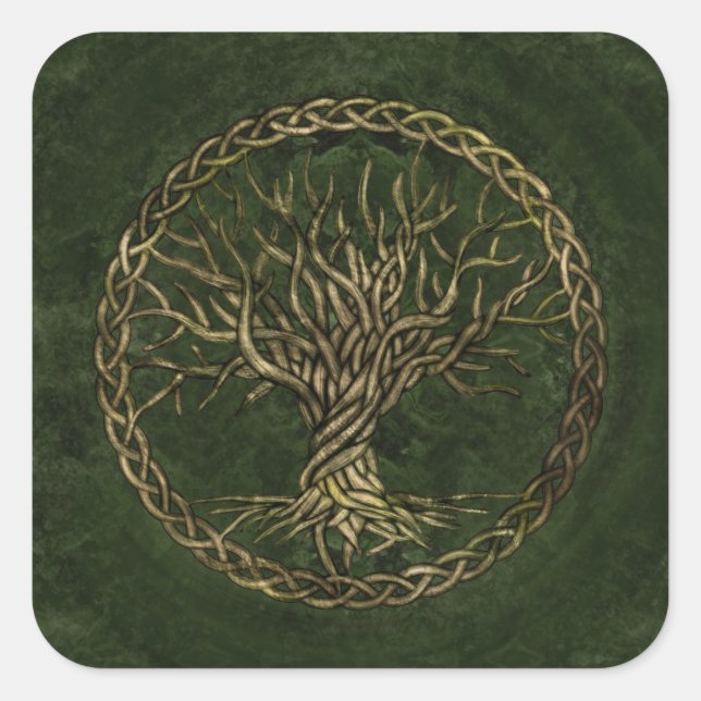 Adesivo Quadrado Árvore viva - Yggdrasil - verde e ouro (Frente)