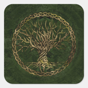 Adesivo Quadrado Árvore viva - Yggdrasil - verde e ouro