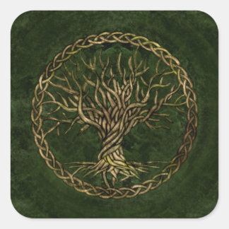 Adesivo Quadrado Árvore viva - Yggdrasil - verde e ouro