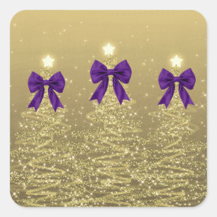 Adesivo Quadrado Árvores Brilhantes de Natal Douradas com Laço Roxo
