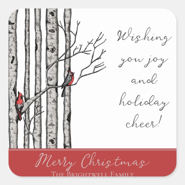 Adesivo Quadrado Árvores de Aves Modernas e Aves Cardinais Vermelha (Frente)