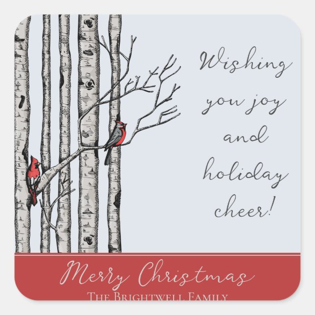 Adesivo Quadrado Árvores de Aves Modernas e Aves Cardinais Vermelha (Frente)