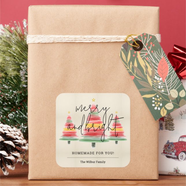 Adesivo Quadrado Árvores de Natal Aquarelas Homemade para Você (Feriado)