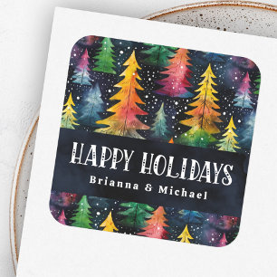 Adesivo Quadrado Árvores de Natal coloridas em aquarela Feliz Natal