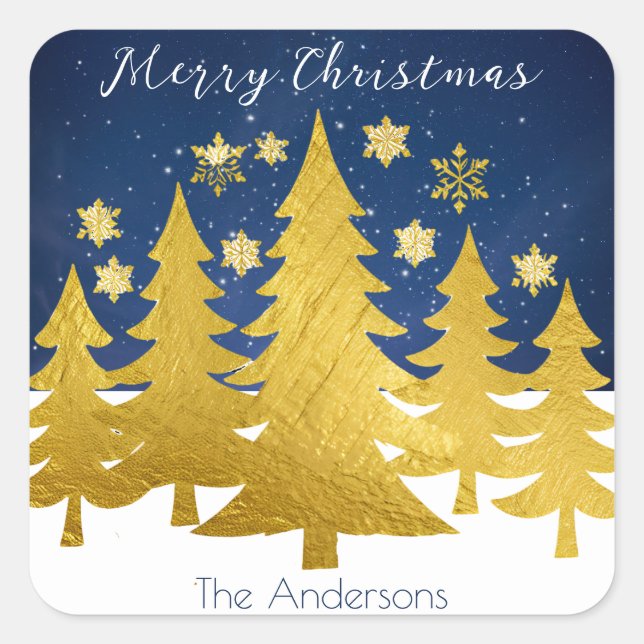 Adesivo Quadrado Árvores de Natal Douradas e falsas em inverno neve (Frente)