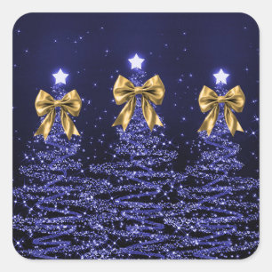 Adesivo Quadrado Árvores de Natal Espelhadas Azul Marinho com Laço