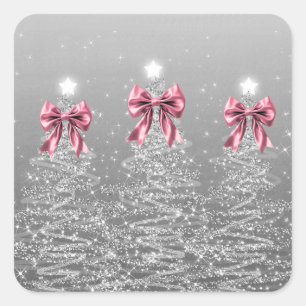Adesivo Quadrado Árvores de Natal Espelhadas Prata com Laço Rosa Fa