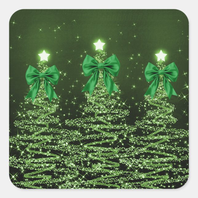 Adesivo Quadrado Árvores de Natal Espelhadas Verdes com Laço Falso  (Frente)