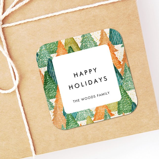 Adesivo Quadrado Árvores de Natal modernas Padrão Felizes Feriados (Criador carregado)