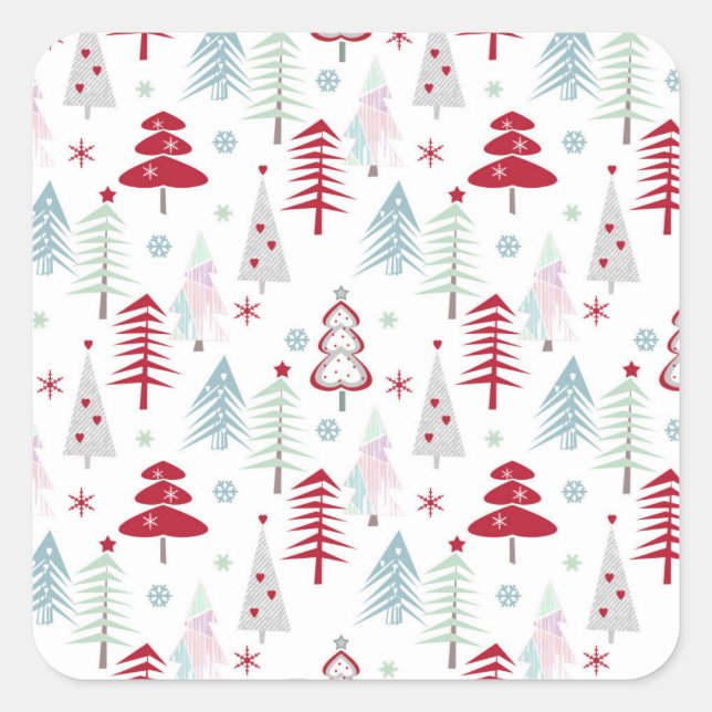 Adesivo Quadrado Árvores de Natal multicoloridas em branco (Frente)