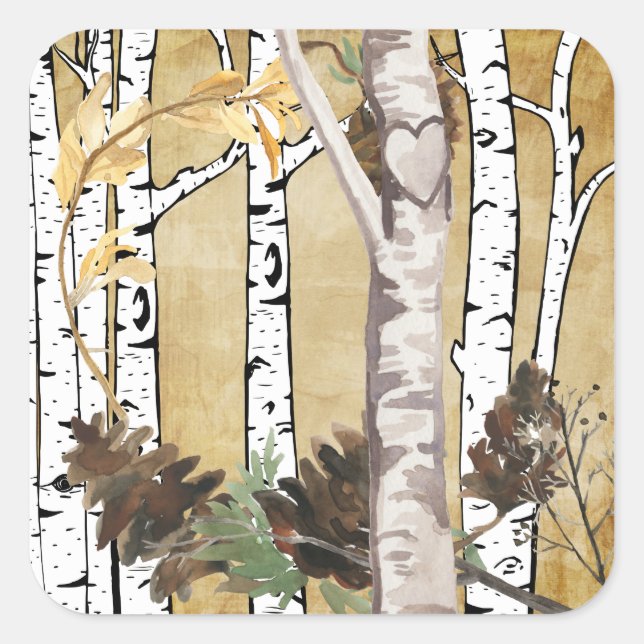 Adesivo Quadrado Árvores de passarinho e palitos de pinheiro (Frente)