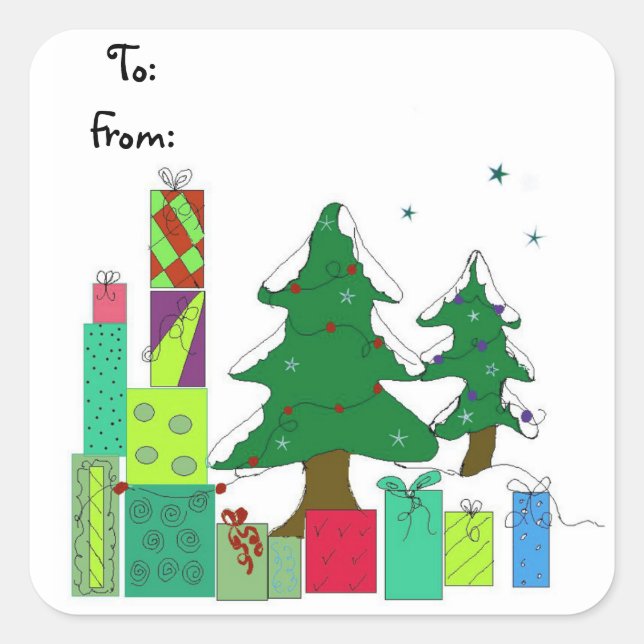 Adesivo Quadrado Árvores e Presentes Cobrados por Neve (Frente)