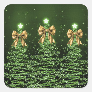 Adesivo Quadrado Árvores Espelhantes de Natal Verde com Laço Dourad